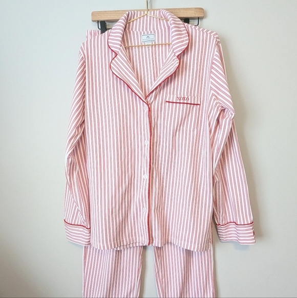 Petite Plume Pima Pajama Set In Antique Red Size Large Striped Embroidered EUC - Picture 8 of 16